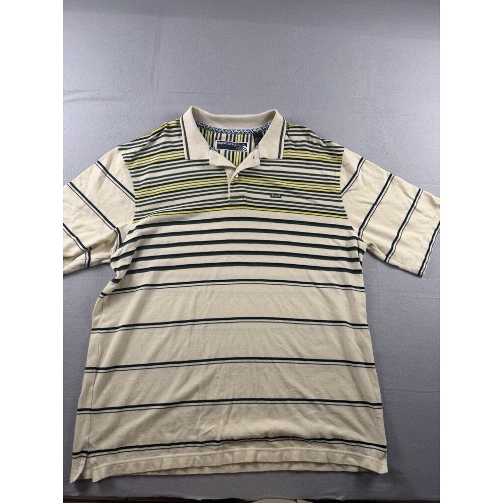 Enyce Polo Shirt Men's XXL Beige Green Yellow Navy Striped Cotton Button Logo